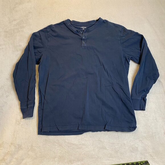 Lands End Men's Henley Shirt XL Navy Blue Super-T Long Sleeve Cotton Blend - Picture 8 of 8